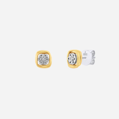 Sparkling squircle diamond earrings in 18K yellow and white gold with a curved square design and diamond cluster.