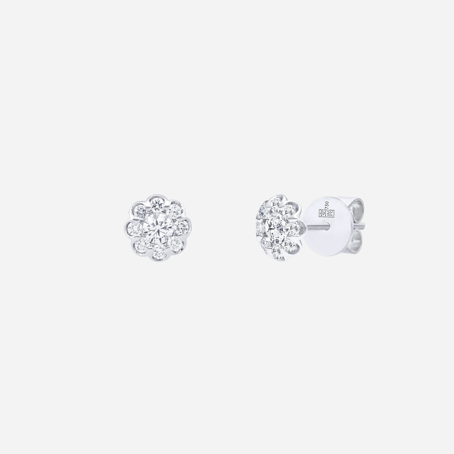 blossom spark diamond earrings in 18k white gold featuring floral cluster design with multiple sparkling diamonds.