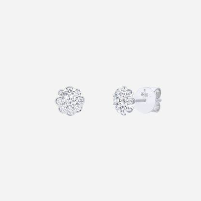 Blossom Spark Diamond Earrings in 18K White Gold featuring floral cluster design with multiple sparkling diamonds.