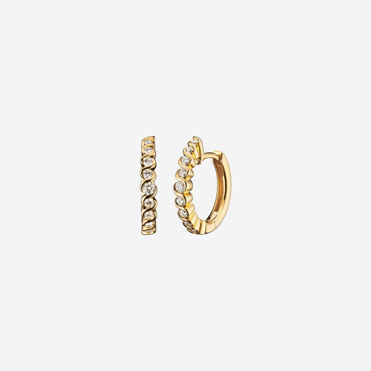 Love Journey swirl earrings in 18K yellow gold with a circle of diamonds, featuring a coiled design.