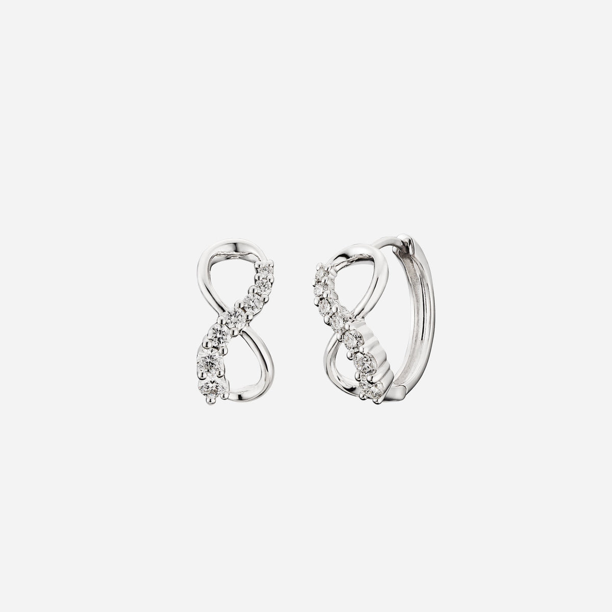 Love Journey Infinity Diamond Earrings, white gold with brilliant cut diamonds in an infinity loop design.