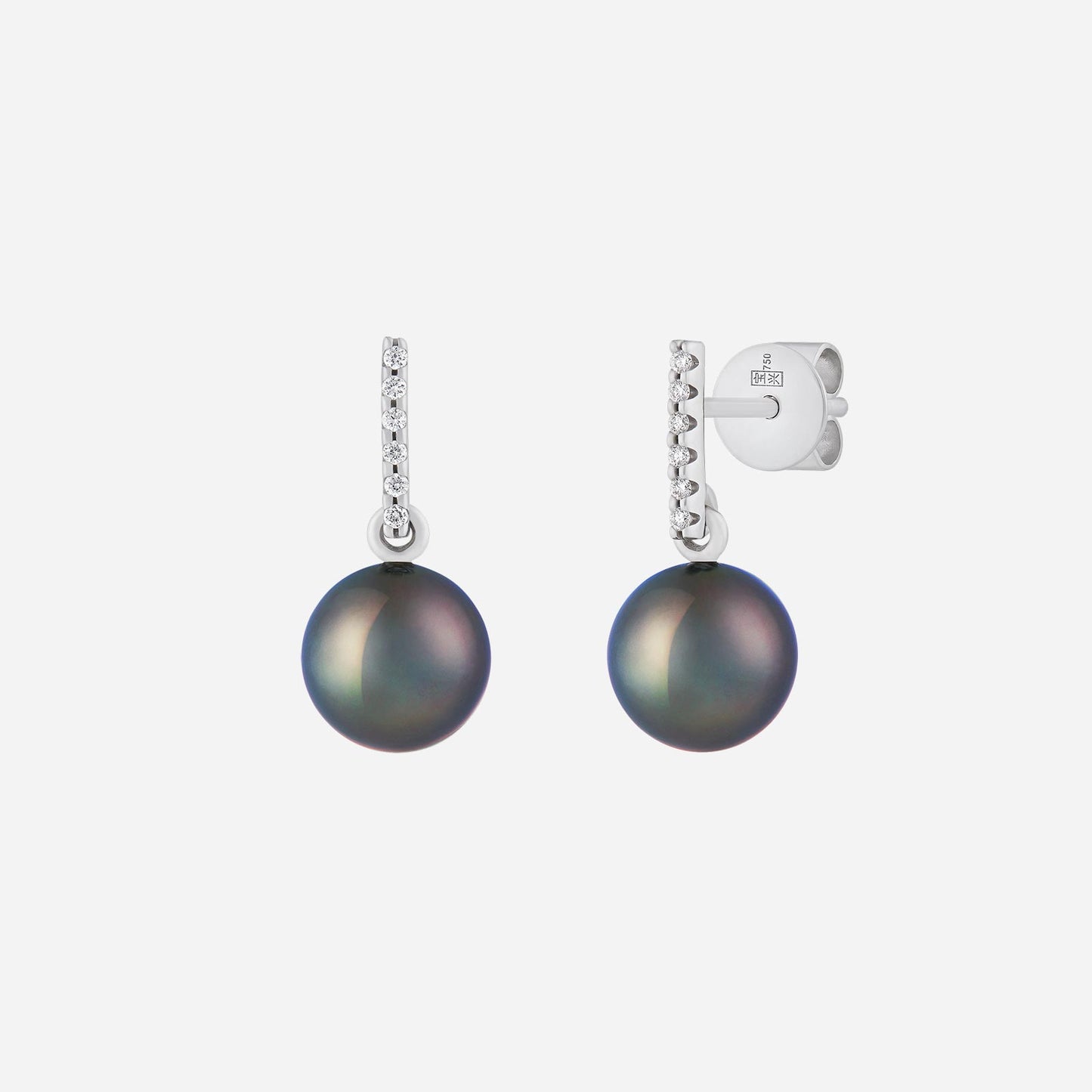 tahitian pearl earrings in 18k white gold with diamond pavé detailing and lustrous dark pearls.