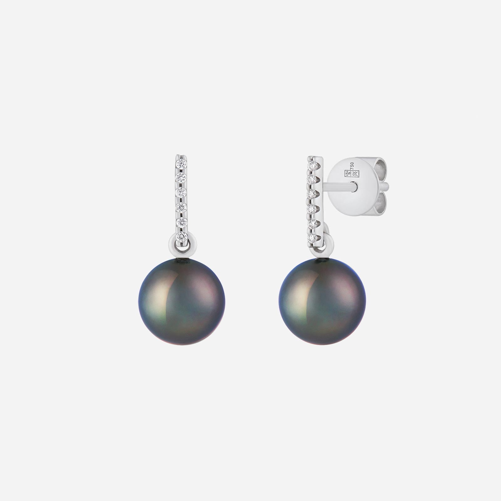 Tahitian pearl earrings in 18K white gold with diamond pavé detailing and lustrous dark pearls.