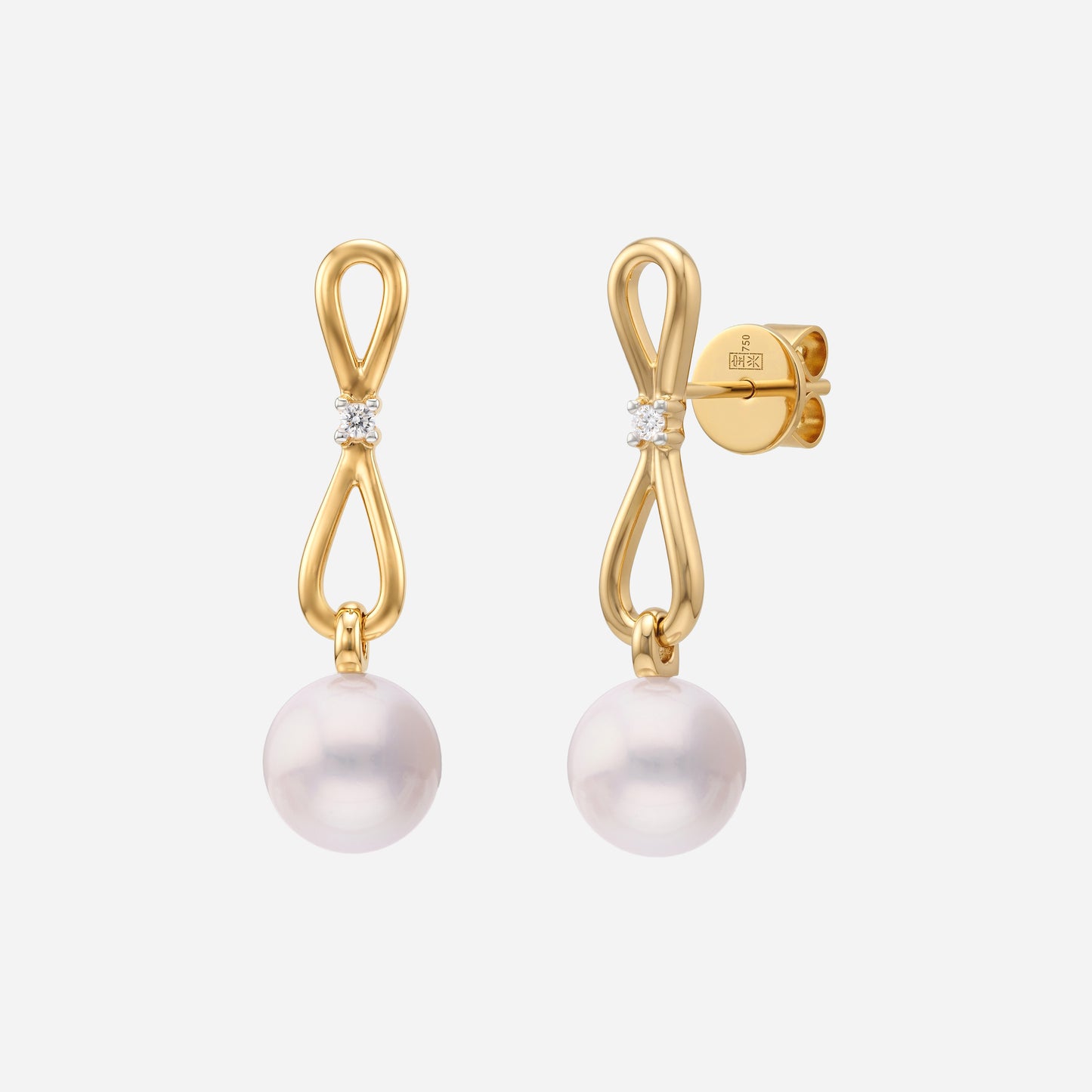 infinity pearl earrings in 18k yellow and white gold, featuring lustrous pink freshwater pearls and delicate diamonds.