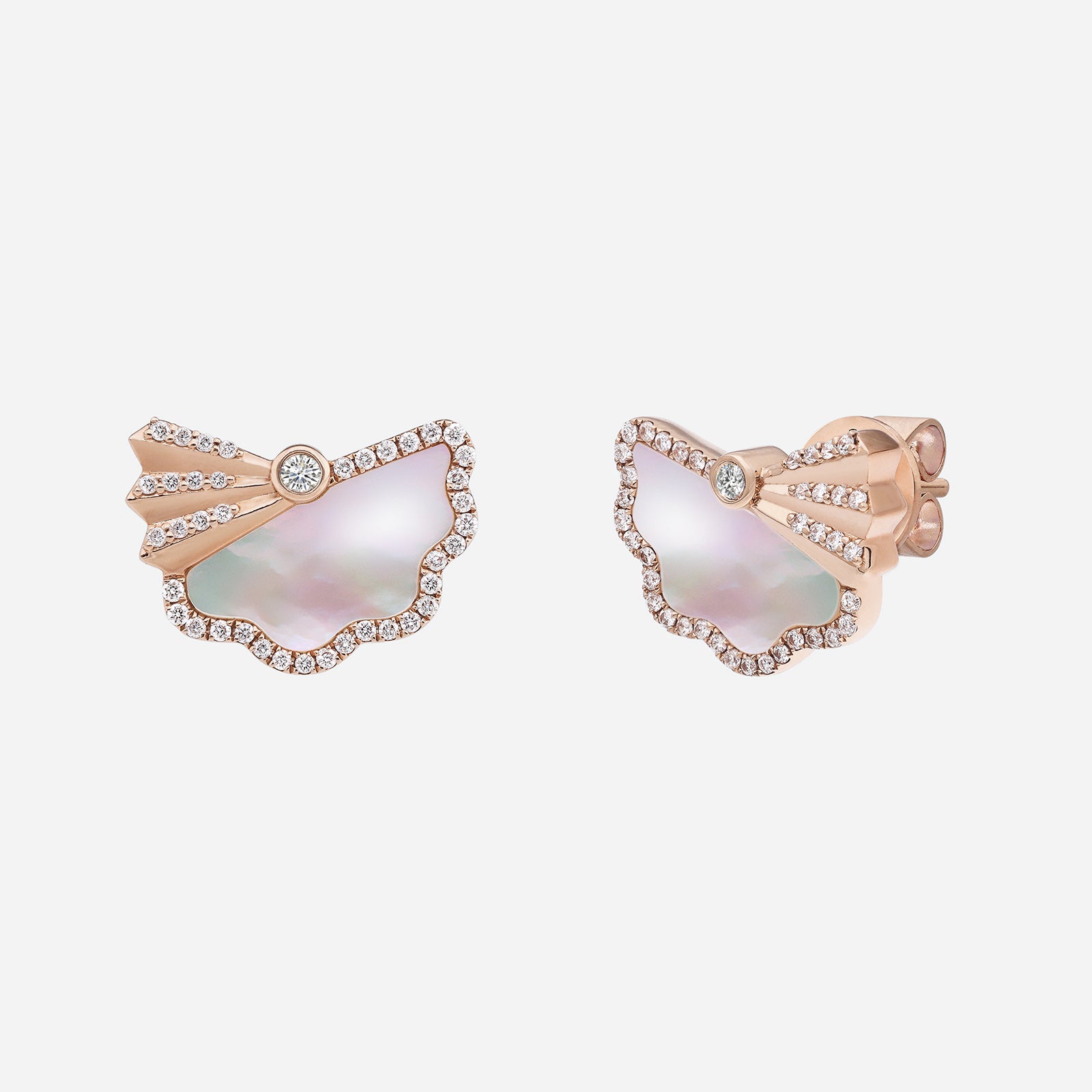 Legacy Fan Pearl Earrings in rose gold featuring Mother of Pearl and diamond accents with intricate pleated design.