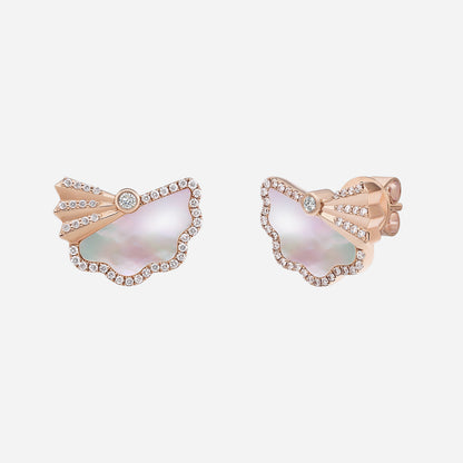 Legacy Fan Pearl Earrings in rose gold featuring Mother of Pearl and diamond accents with intricate pleated design.