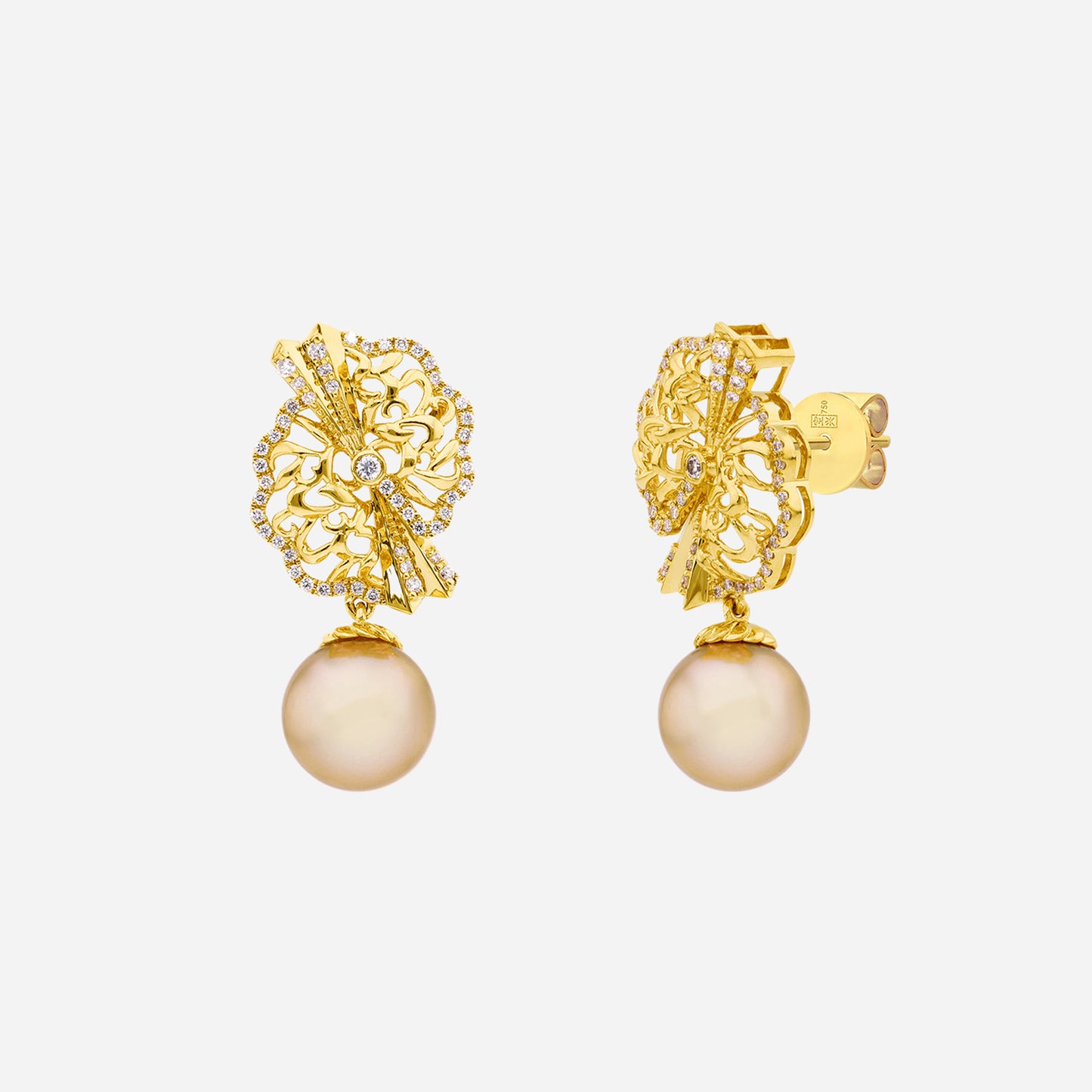 legacy yellow gold earrings featuring 9–10mm south sea pearls and diamond accents in intricate origami fan design.