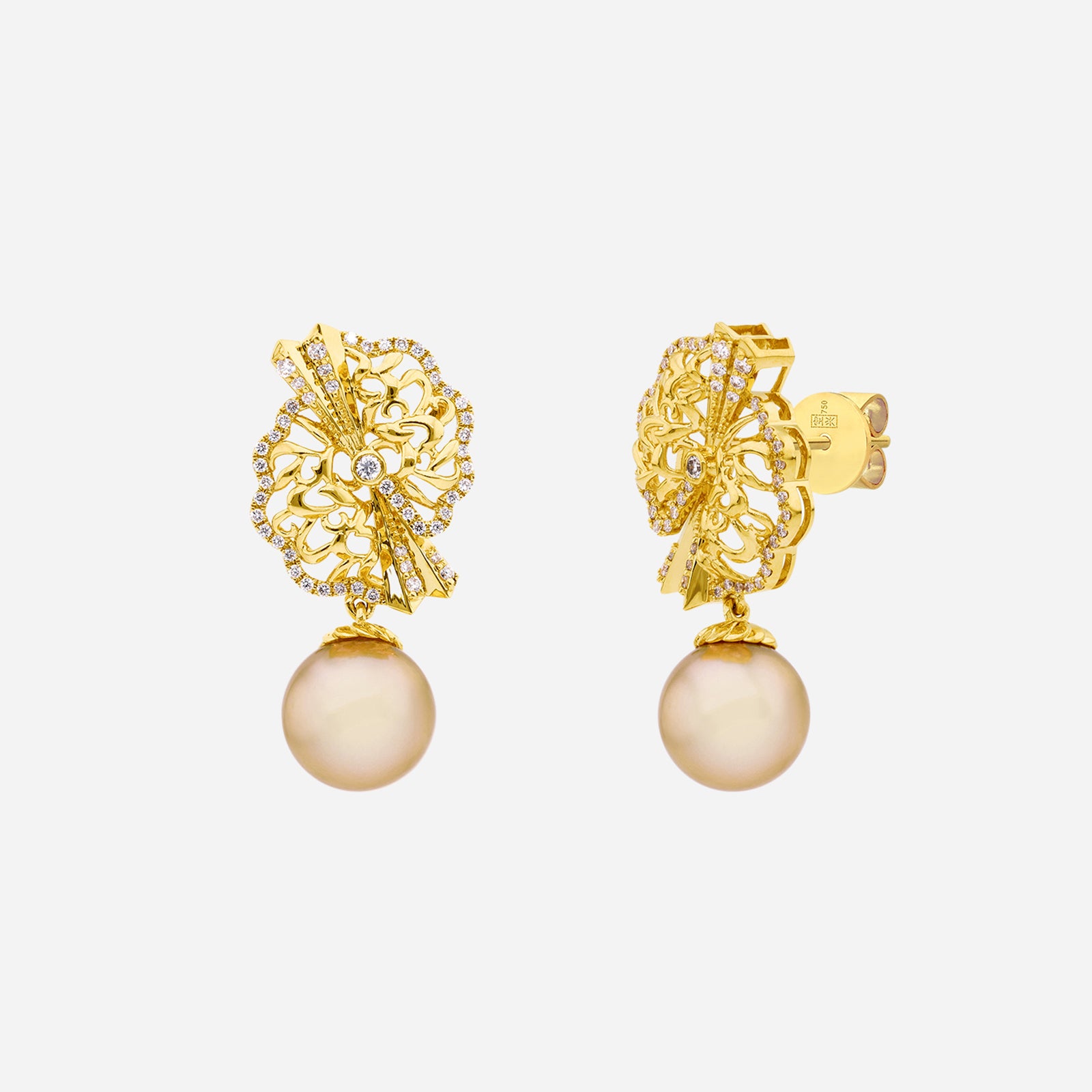 Legacy yellow gold earrings featuring 9–10mm South Sea pearls and diamond accents in intricate origami fan design.