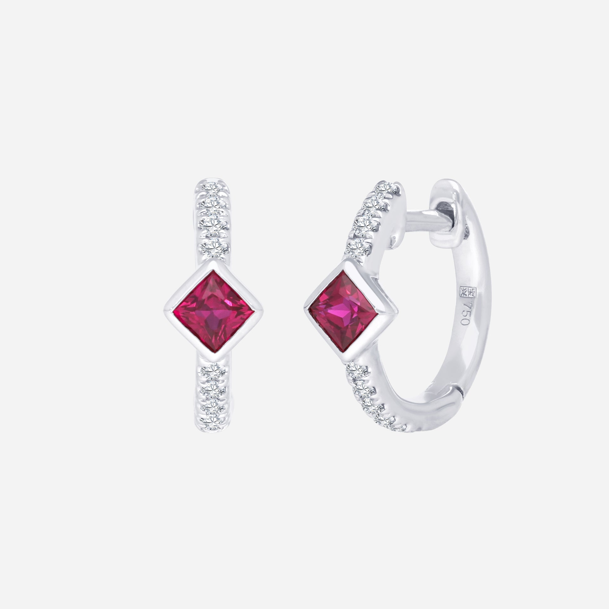 Ruby square-cut accents in slim diamond-accented hoops, crafted in 18K white gold earrings. Perfect for everyday elegance.