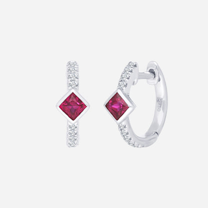Ruby square-cut accents in slim diamond-accented hoops, crafted in 18K white gold earrings. Perfect for everyday elegance.