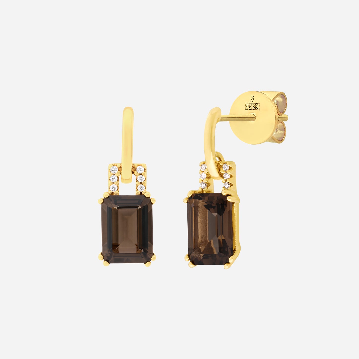 luxe yellow gold earrings featuring emerald-cut smoky quartz with diamond accents for elegant sophistication.