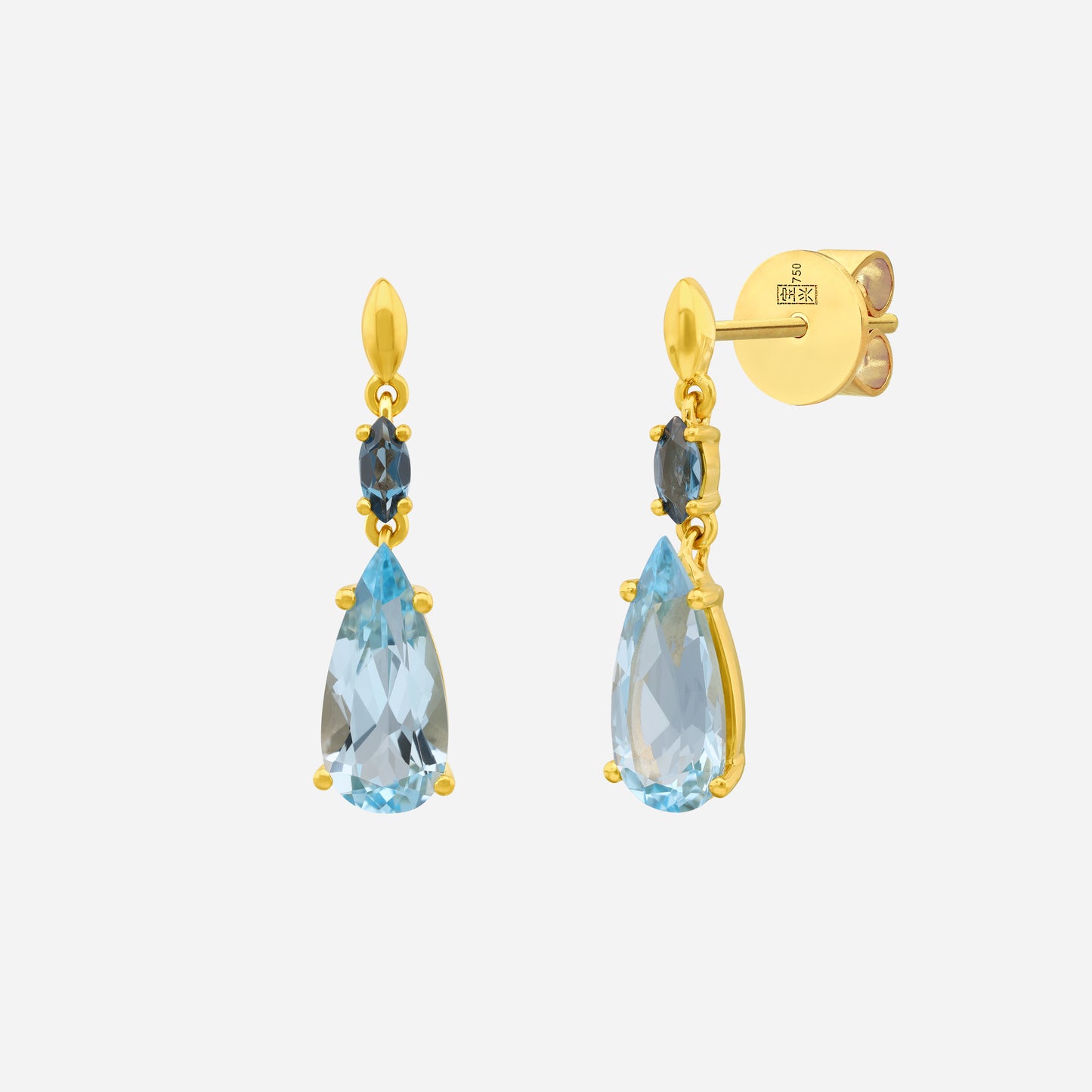 glimmer gradient blue topaz earrings in 18k yellow gold, featuring sky blue topaz stones in a teardrop design.