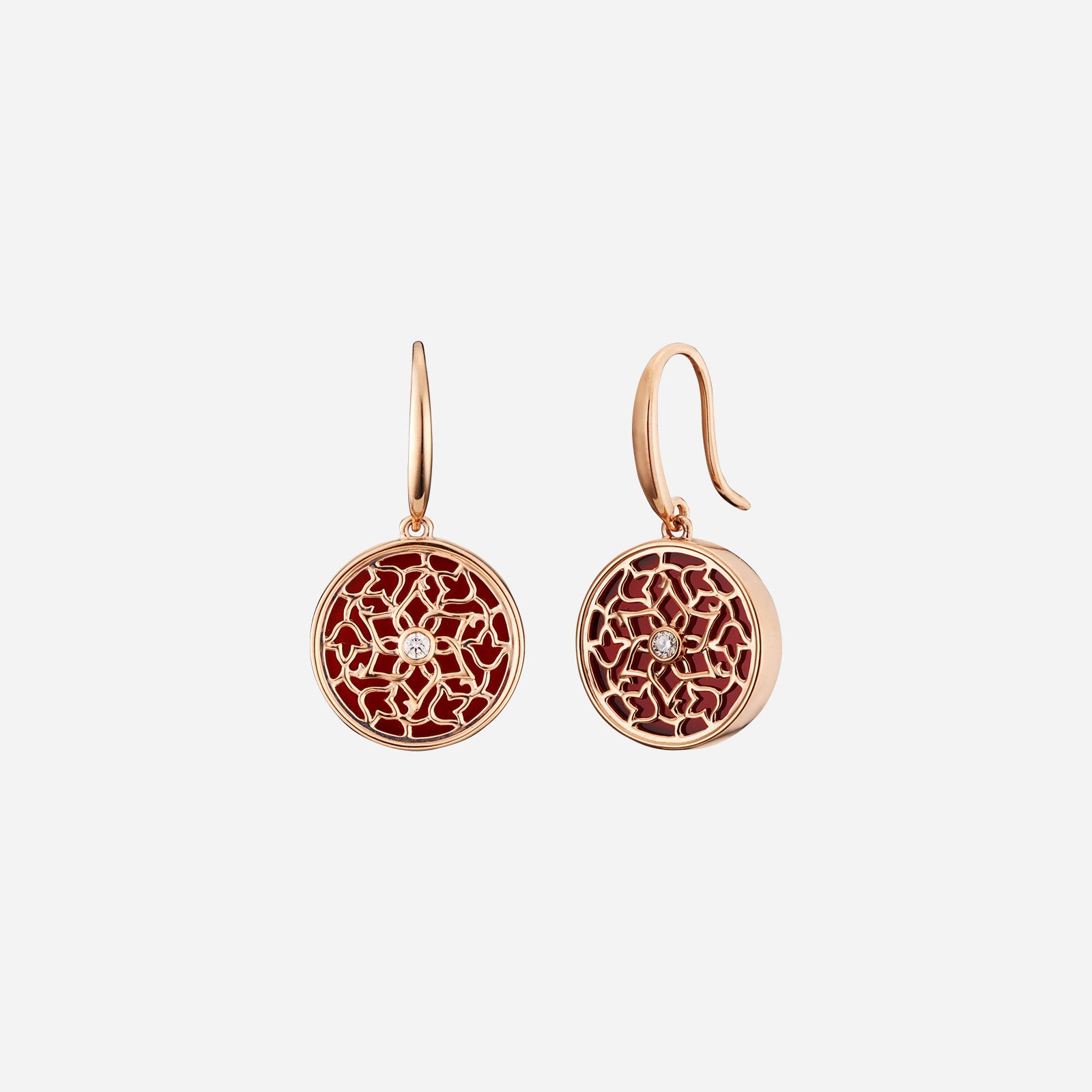 Deep red agate earrings in intricate 18K rose gold floral frames with round diamond centers. Elegant and luxurious design.