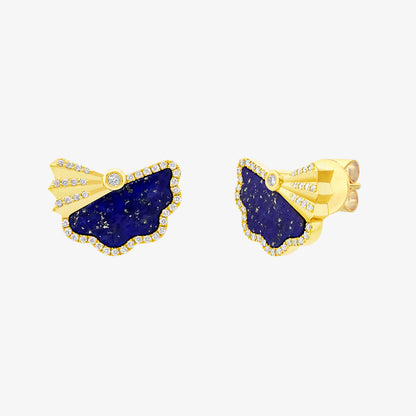 Legacy Fan Lapis Lazuli Earrings in 18K Yellow Gold with Diamonds, featuring a unique fan design and deep blue gemstone.