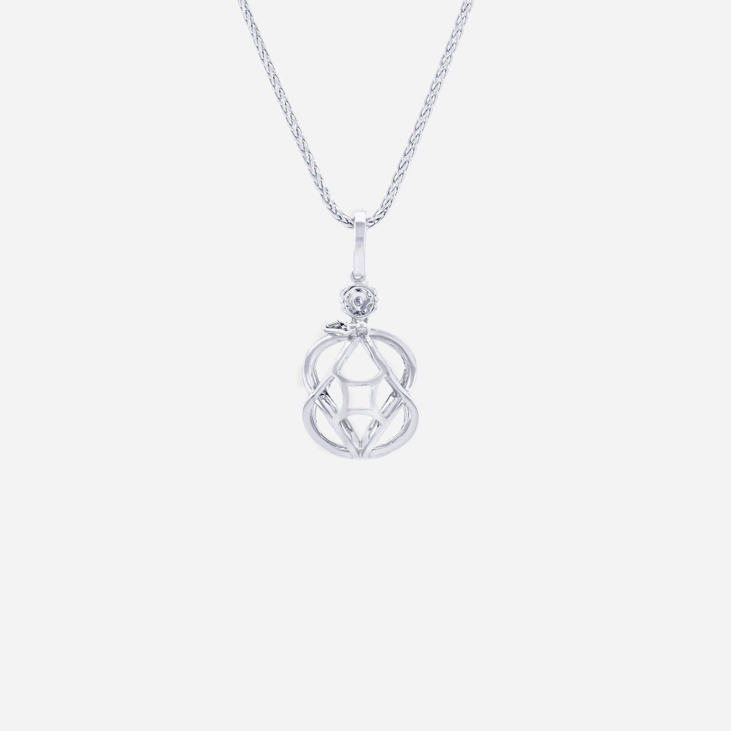 pearl jacket design in 18k white gold, featuring a diamond at the top and intricate pavé-framed silhouette.