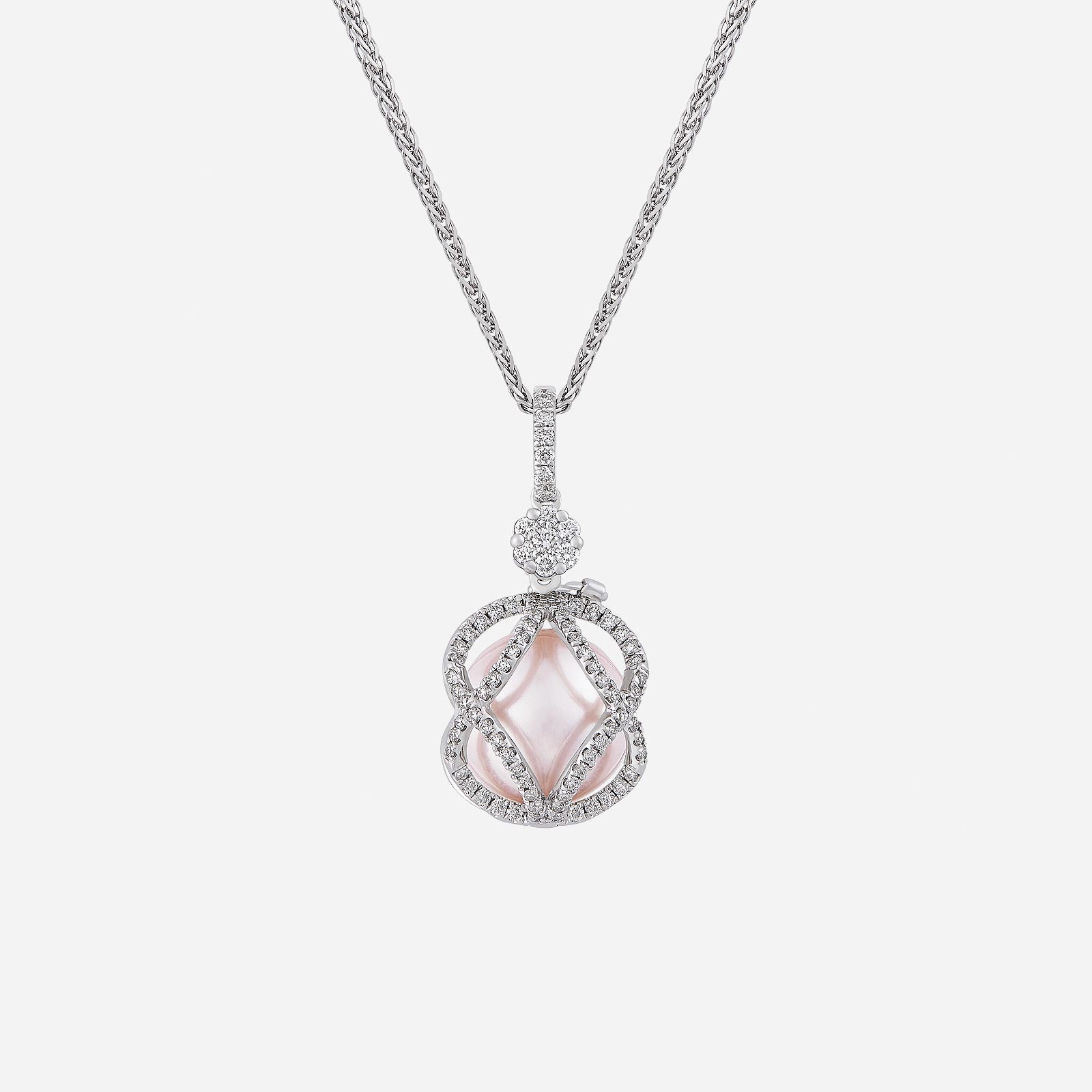 Pearl jacket pendant in 18K white gold, featuring pink pearl and diamond pavé design for elegant brilliance.