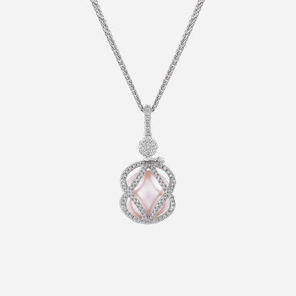 Pearl jacket pendant in 18K white gold, featuring pink pearl and diamond pavé design for elegant brilliance.
