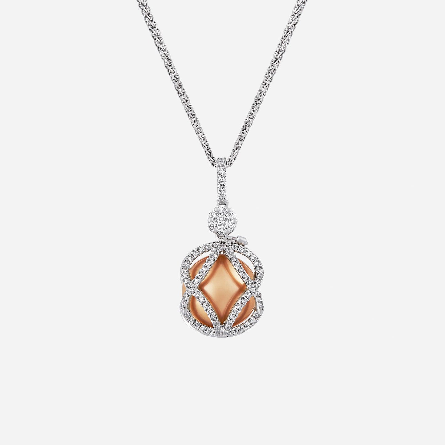 pearl jacket pendant in 18k white gold featuring an 11mm golden pearl and diamond pavé frame design.