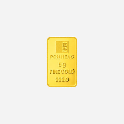 Treasures Dragon 5g gold bar in 24K yellow gold, featuring Poh Heng branding and 999.9 fineness.