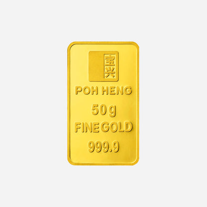 Treasures Dragon Gold Bar, 50g, 999.9 fine yellow gold with Poh Heng branding, symbolizing abundance and prosperity.