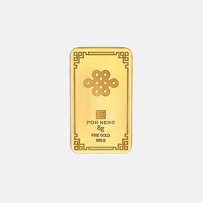 8g Treasures Poh Heng gold bar in 24K yellow gold with infinity knot design, marked 999.9 fine gold purity.