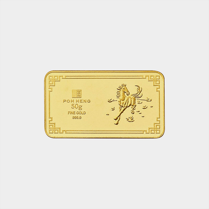 50g Treasures gold bar in 24K yellow gold featuring a galloping horse design, marked with fine gold purity.